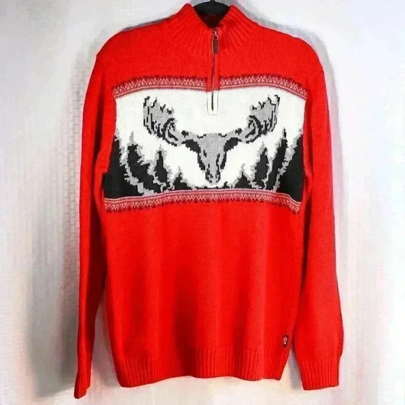 Chaps Ralph Lauren Size M Red/White Moose/alpine print 1/4 zip sweater - Picture 1 of 9